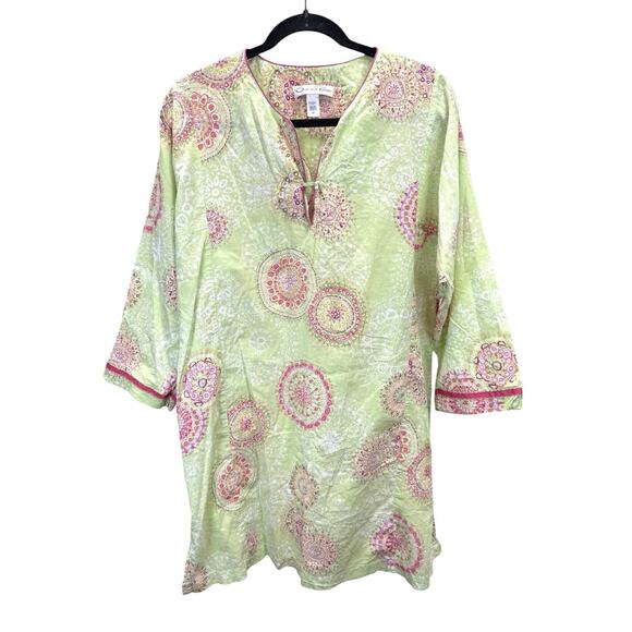 Oscar de la Renta Green Mandala Print Cotton Tunic Dress Size M Boho Resort - Picture 1 of 8